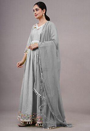 Embroidered Dupion Silk Abaya Style Suit in Grey