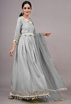 Embroidered Dupion Silk Abaya Style Suit in Grey