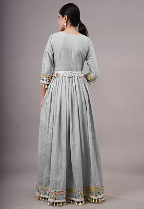 Embroidered Dupion Silk Abaya Style Suit in Grey