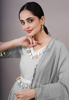 Embroidered Dupion Silk Abaya Style Suit in Grey