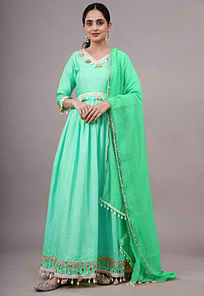 Embroidered Dupion Silk Abaya Style Suit in Light Green