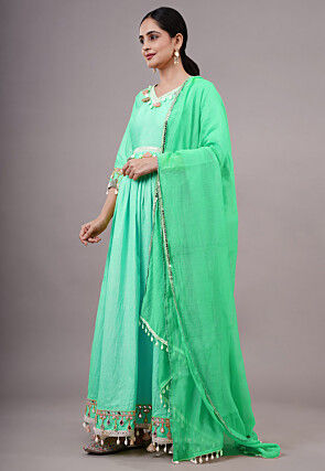 Embroidered Dupion Silk Abaya Style Suit in Light Green