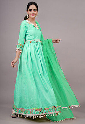Embroidered Dupion Silk Abaya Style Suit in Light Green