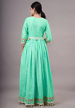 Embroidered Dupion Silk Abaya Style Suit in Light Green
