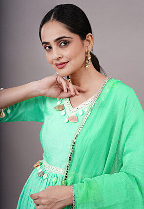 Embroidered Dupion Silk Abaya Style Suit in Light Green