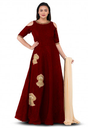 Embroidered Dupion Silk Abaya Style Suit in Maroon
