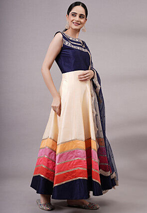 Embroidered Dupion Silk Abaya Style Suit in Off White and Multicolor