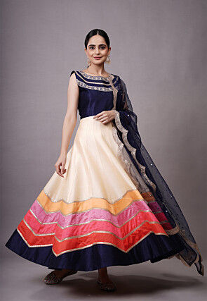 Embroidered Dupion Silk Abaya Style Suit in Off White and Multicolor