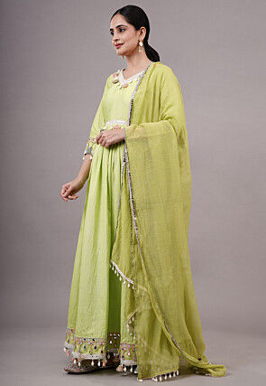 Embroidered Dupion Silk Abaya Style Suit in Olive green