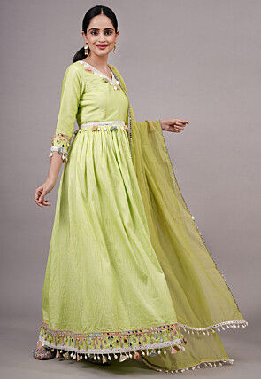 Embroidered Dupion Silk Abaya Style Suit in Olive green