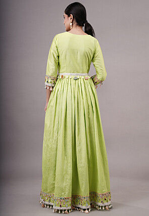Embroidered Dupion Silk Abaya Style Suit in Olive green