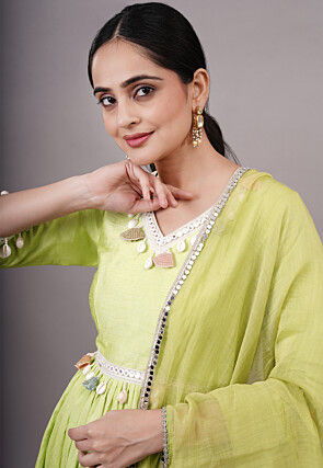 Embroidered Dupion Silk Abaya Style Suit in Olive green