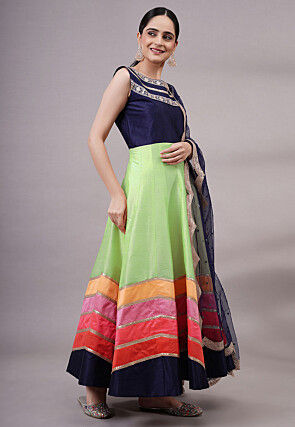 Embroidered Dupion Silk Abaya Style Suit in Pastel Green