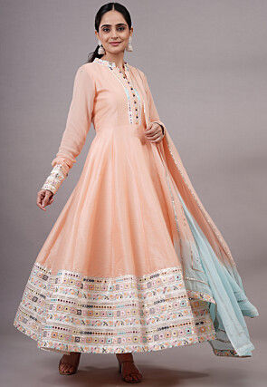 Embroidered Dupion Silk Abaya Style Suit in Peach