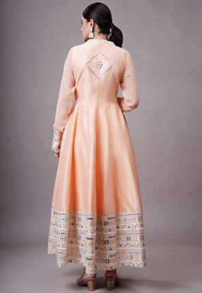 Embroidered Dupion Silk Abaya Style Suit in Peach