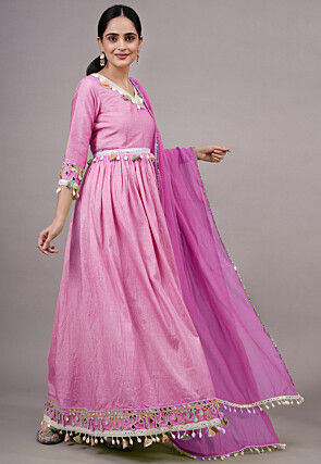 Embroidered Dupion Silk Abaya Style Suit in Pink