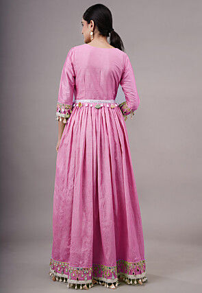 Embroidered Dupion Silk Abaya Style Suit in Pink