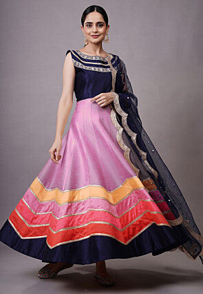 Embroidered Dupion Silk Abaya Style Suit in Pink