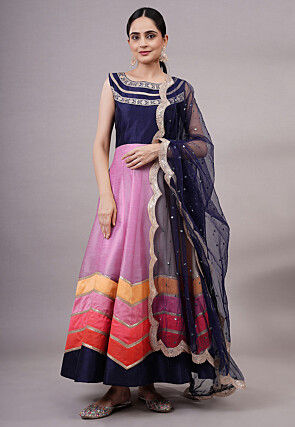 Embroidered Dupion Silk Abaya Style Suit in Pink