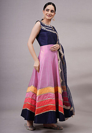 Embroidered Dupion Silk Abaya Style Suit in Pink