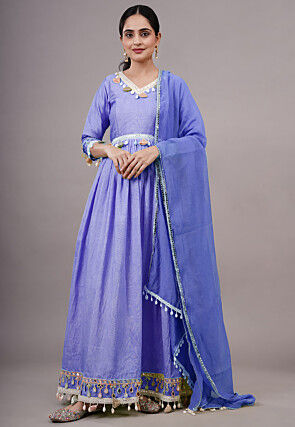Embroidered Dupion Silk Abaya Style Suit in Purple