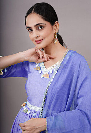 Embroidered Dupion Silk Abaya Style Suit in Purple