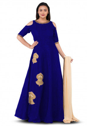 Embroidered Dupion Silk Abaya Style Suit in Royal Blue
