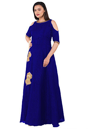Embroidered Dupion Silk Abaya Style Suit in Royal Blue