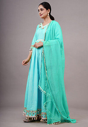 Embroidered Dupion Silk Abaya Style Suit in Sky Blue