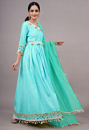 Embroidered Dupion Silk Abaya Style Suit in Sky Blue