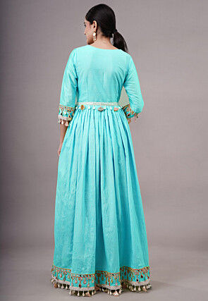 Embroidered Dupion Silk Abaya Style Suit in Sky Blue