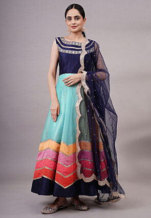 Embroidered Dupion Silk Abaya Style Suit in Sky Blue