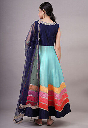 Embroidered Dupion Silk Abaya Style Suit in Sky Blue