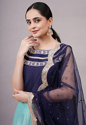 Embroidered Dupion Silk Abaya Style Suit in Sky Blue