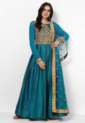 Embroidered Dupion Silk Abaya Style Suit in Teal Blue