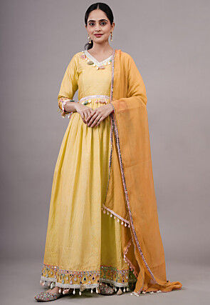 Embroidered Dupion Silk Abaya Style Suit in Yellow