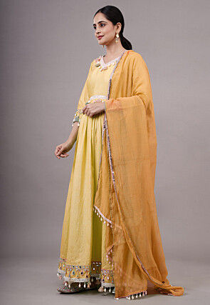 Embroidered Dupion Silk Abaya Style Suit in Yellow