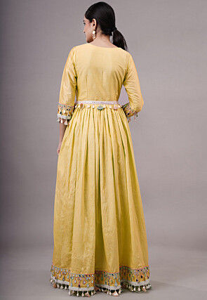 Embroidered Dupion Silk Abaya Style Suit in Yellow