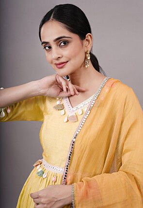 Embroidered Dupion Silk Abaya Style Suit in Yellow