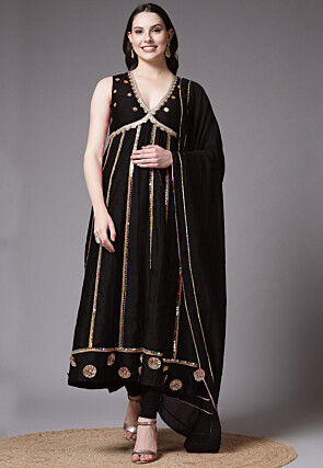 Embroidered Dupion Silk Anarkali Suit in Black