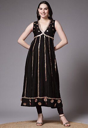 Embroidered Dupion Silk Anarkali Suit in Black