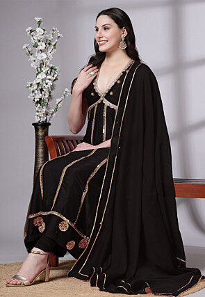 Embroidered Dupion Silk Anarkali Suit in Black