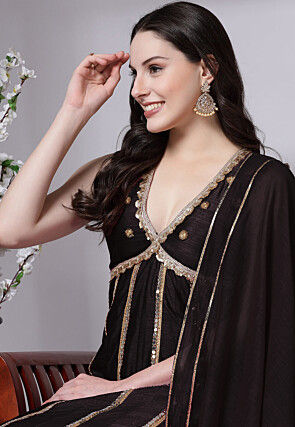 Embroidered Dupion Silk Anarkali Suit in Black