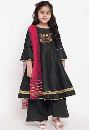 Embroidered Dupion Silk Anarkali Suit in Black
