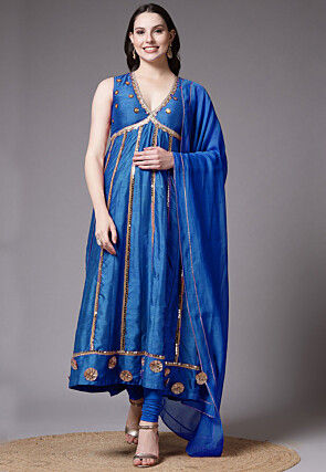 Embroidered Dupion Silk Anarkali Suit in Blue