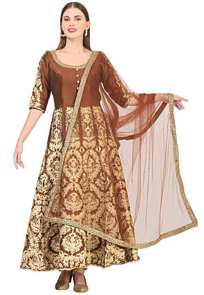 Embroidered Dupion Silk Anarkali Suit in Brown