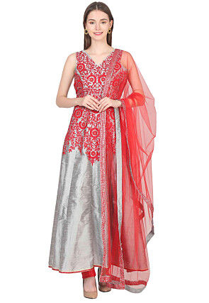 Embroidered Dupion Silk Anarkali Suit in Grey