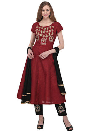 Embroidered Dupion Silk Anarkali Suit in Maroon