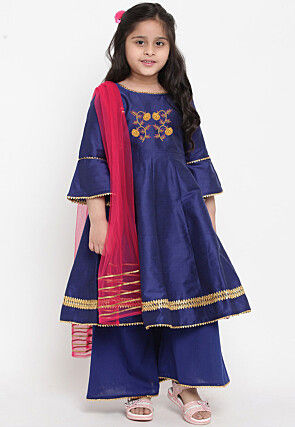 Embroidered Dupion Silk Anarkali Suit in Navy Blue