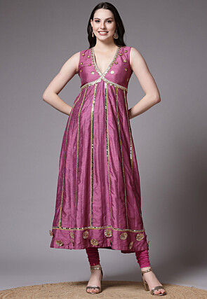 Embroidered Dupion Silk Anarkali Suit in Old Rose
